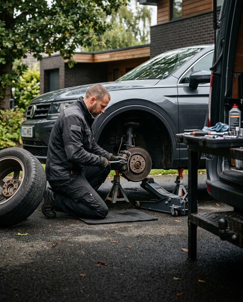 Mobile mechanic servicing a vehicle brake assembly