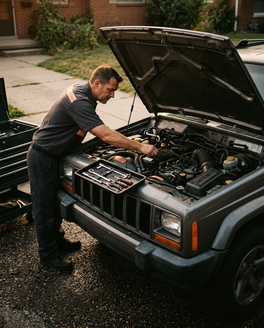 Mobile mechanic servicing a rugged American SUV