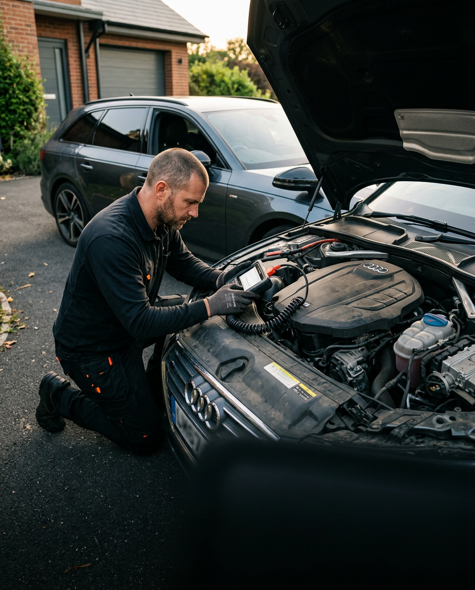 Mobile mechanic using a diagnostic scanner under an open hood