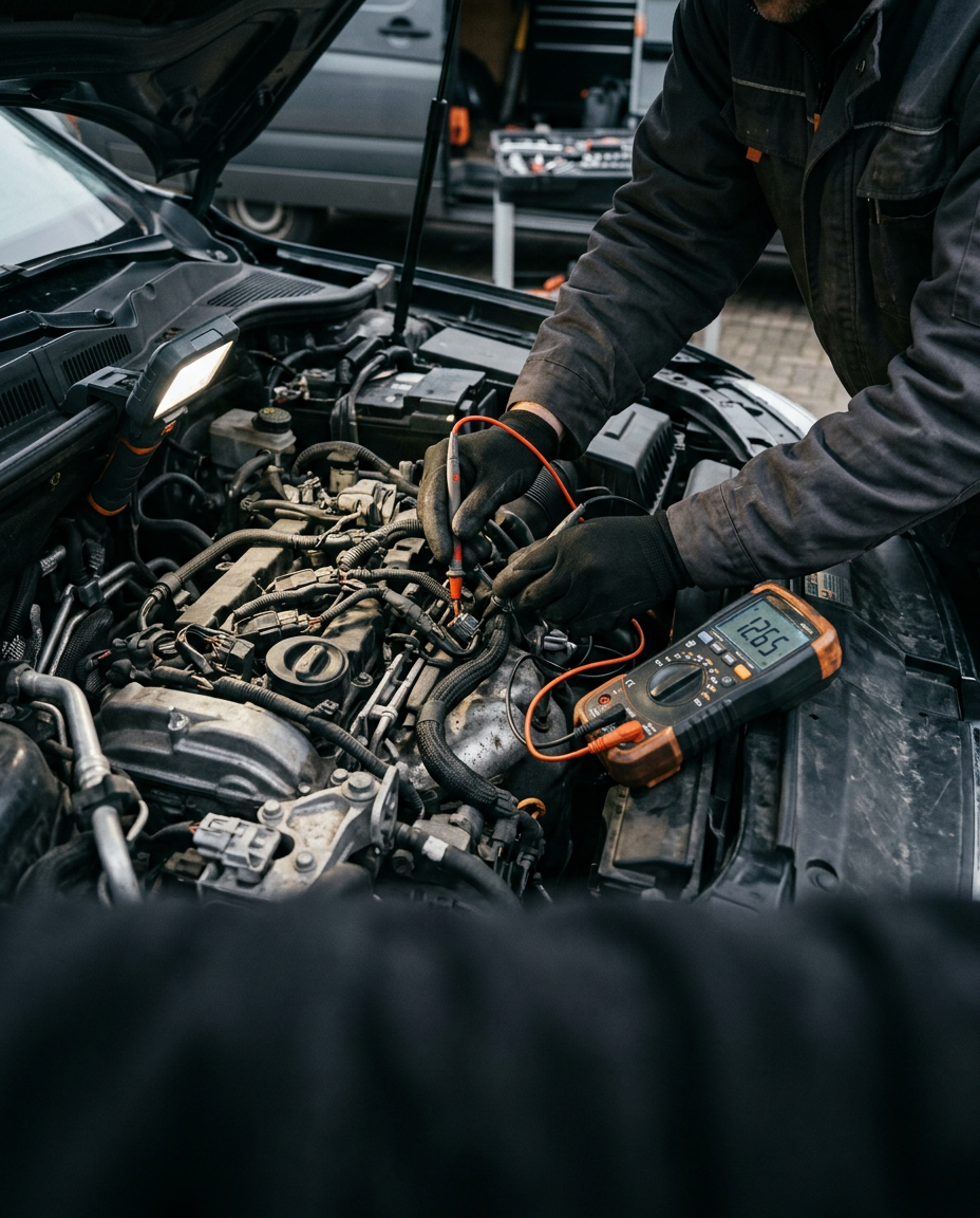 Mechanic testing a vehicle electrical system with a multimeter