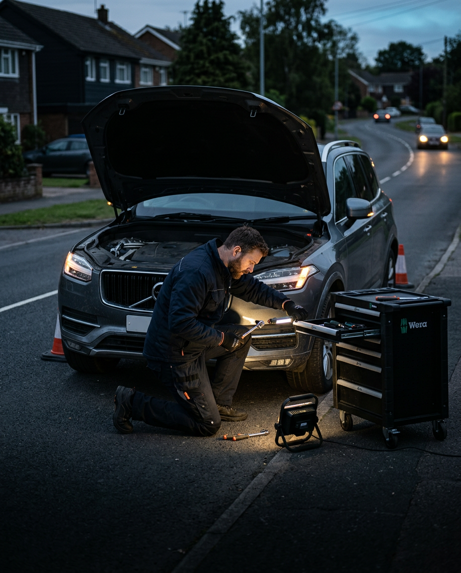 Mobile mechanic assisting a vehicle during a roadside call