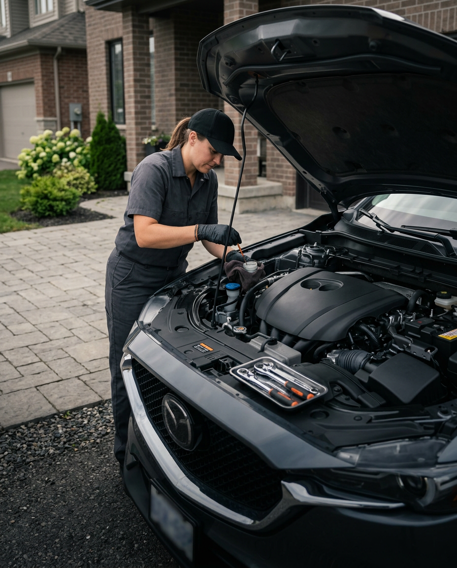 Mobile mechanic checking fluids during preventative maintenance