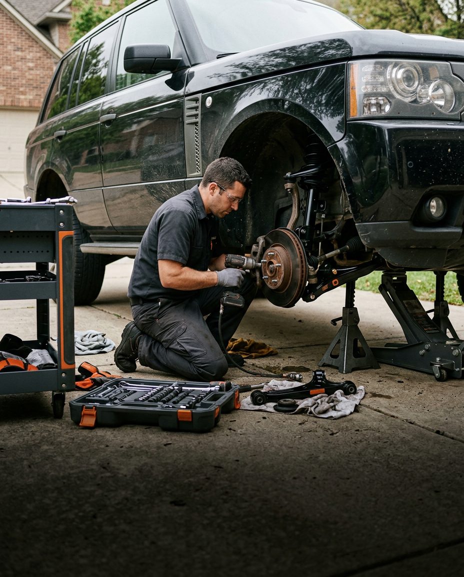 Mobile mechanic working on an SUV suspension system